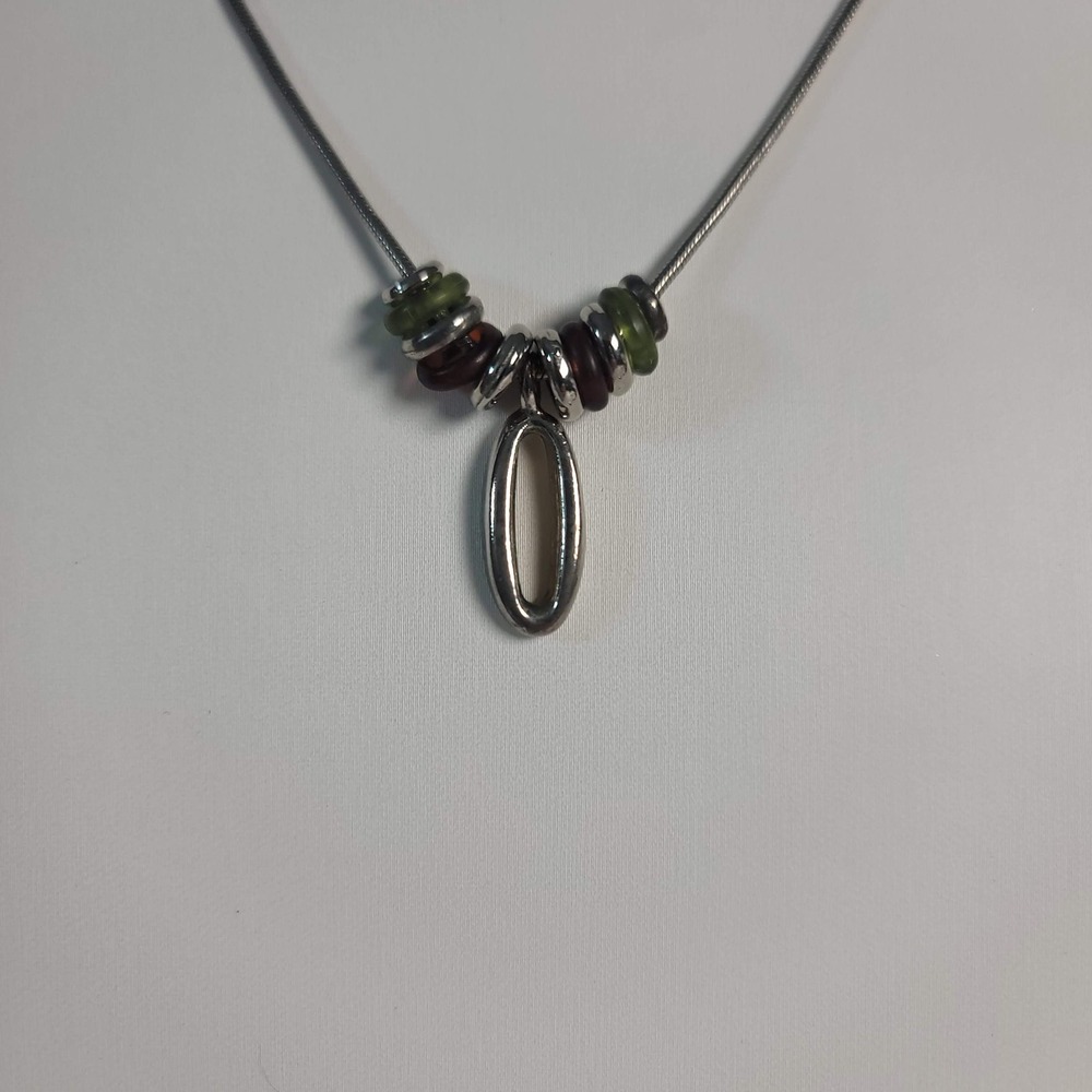 Silver Tone Snake Chain Necklace Oval Hoop Green Burgundy Beads Chic Minimalist - Picture 2 of 5